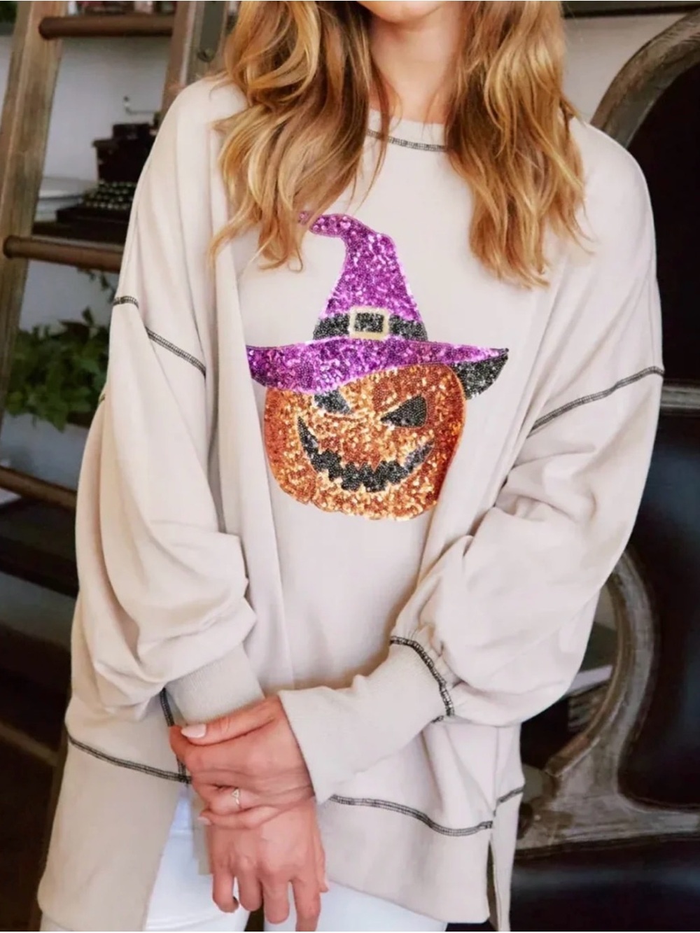 Halloween Contrast Stitching Sequin Pumpkin Round Neck Long Sleeve Sweatshirt